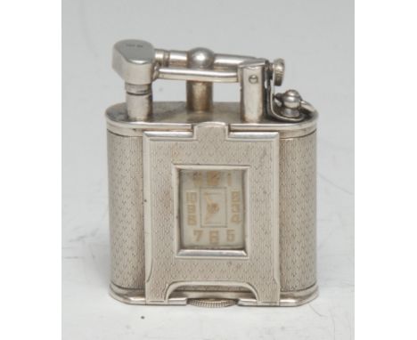 Dunhill - a 1920's Unique Range Sterling Silver Combined Pocket Lighter/Watch., London import marks 1927, engine turned silve