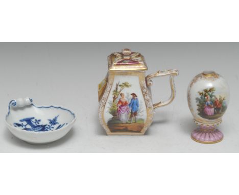 A 19th century  KPM vase, decorated with  Watteauesque scenes, 9.5cm high;  a Meissen Onion pattern shell dish, 11.cm wide, c