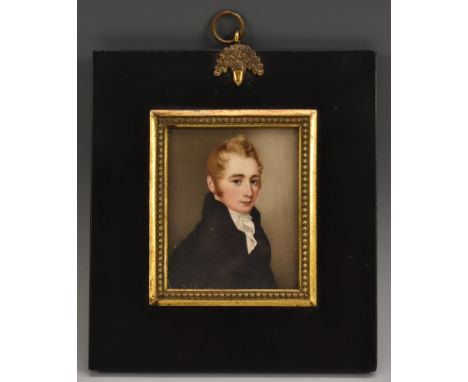 English School (19th century), a portrait miniature, of a young gentleman with blond hair, half length, wearing a blue coat a