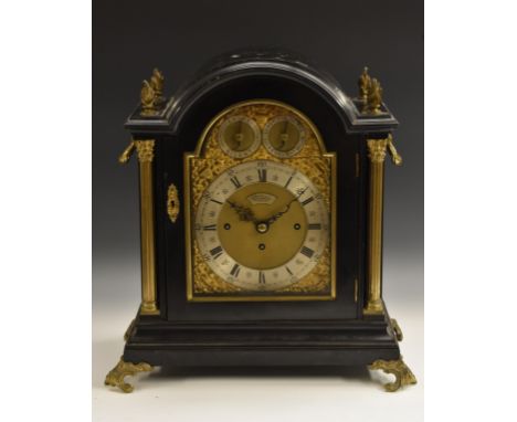 A George III Revival ebonised musical bracket clock, inscribed W. Wordley, 84 Cannon St, London, 19cm silvered chapter ring i