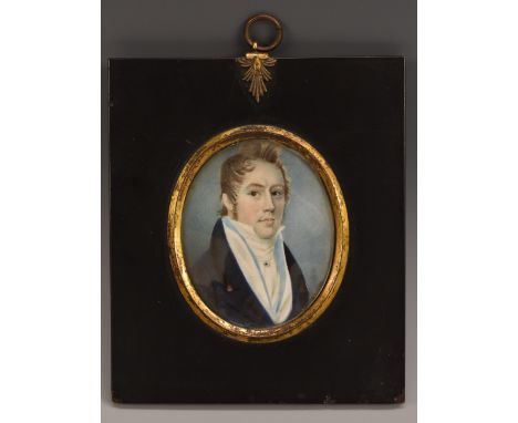 English School (19th century), a portrait miniature, of a gentleman, half length, wearing a blue coat and white stock, waterc