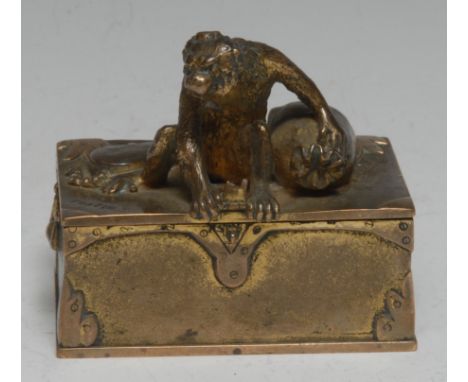 After Christopher Fratin (1801-1864), a gilt-patinated bronze animalier novelty casket, boldly cast with a comical monkey pri