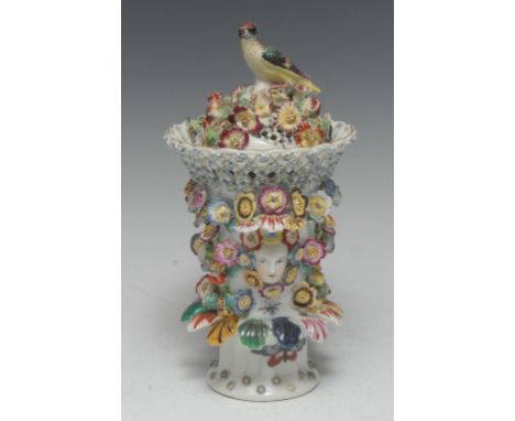 An early Derby flared frill potpourri vase and cover, modelled with a pair of masks and profusely ornamented with flowers and