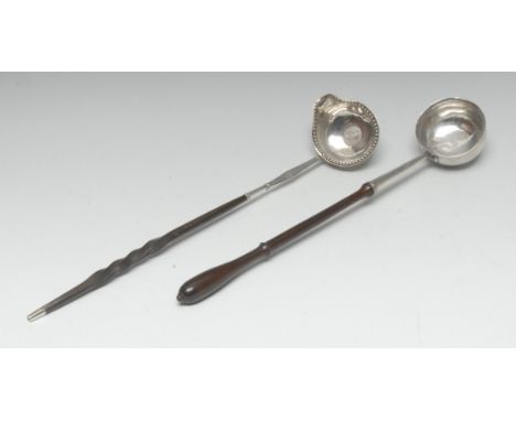 A George II silver punch ladle, deep circular bowl, turned fruitwood handle, 34cm long, Ralph Maidman, London 1732; a George 