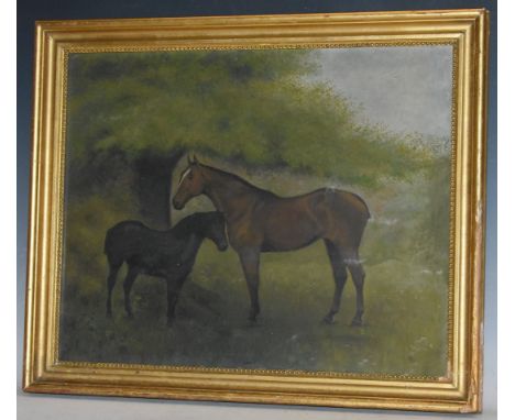 English School (19th century)Equestrian Portrait of a Brown Horse and Black Ponyoil on canvas, 41cm x 52cm 