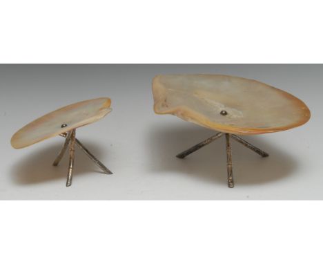 A Chinese silver and mother of pearl dish or stand, faux bamboo tripod base, 25cm wide, maker KH, c.1890; another, similar, 1