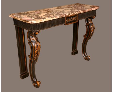 An 18th century style painted and parcel gilt console table, rounded rectangular 'puddingstone' marble top above a fluted fri