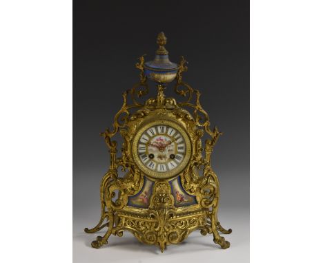 A 19th century French gilt-metal mounted porcelain mantel clock, 9cm porcelain dial indistinctly inscribed, Roman numerals, t