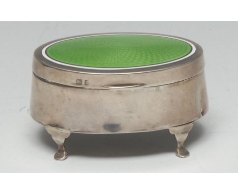 Asprey &amp; Co Ltd - George V silver and guilloche enamel oval dressing table trinket box, hinged cover engine turned and de