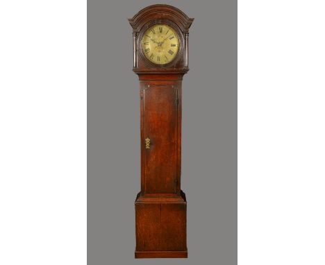 A good George III 30 hour oak long clock, domed top to hood supported on turned ringed columns, brass round 12in (30.5cm) dia