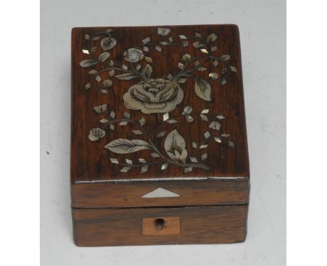 A 19th century lady's rectangular rosewood and mother of pearl marquetry watch case, the hinged cover profusely inlaid with a