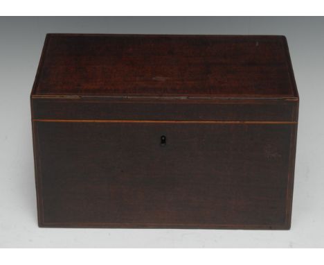 A George III mahogany rectangular tea caddy, hinged cover enclosing a satinwood interior with single canister and bowl apertu