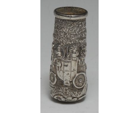 A 19th century silver coloured metal walking cane or umbrella handle, repousse chased with a coach and horses, 7cm long, c.18