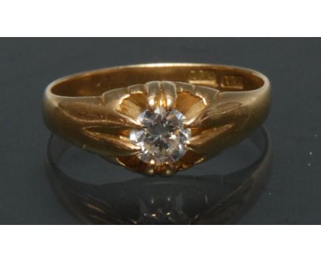 A diamond solitaire ring, single round brilliant cut diamond approx 0.55ct, four pair eight claw crown, yellow metal shank, s