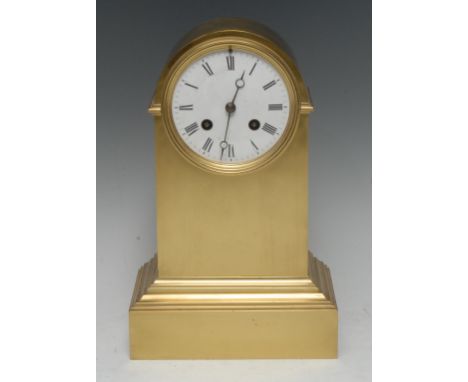 A late 19th century French arched top brass mantel clock, 9.5cm diam white enamel dial, Roman chapter, Breguet hands, twin wi