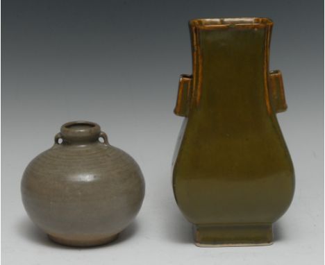 A Sung Dynasty bulbous vase, grey glaze, lug handles, 14.5cm high, label for  Beckett Terrell Collection, Exhib. Raffles Muse