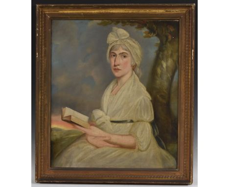 English School (early 19th century)Portrait of a Lady with a Bookoil on canvas, 74cm x 63cmLabel to verso inscribed ? Dunn, s
