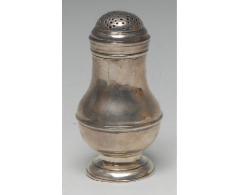 A George I/II silver baluster bun top pepper or muffineer, three-quarter girdle, domed circular foot, John Newton, London c.1