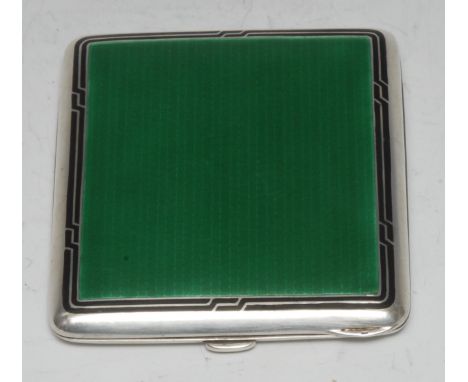 An Art Deco silver and enamel rounded rectangular cigarette case, 9.5cm wide, 900 standard, c.1935