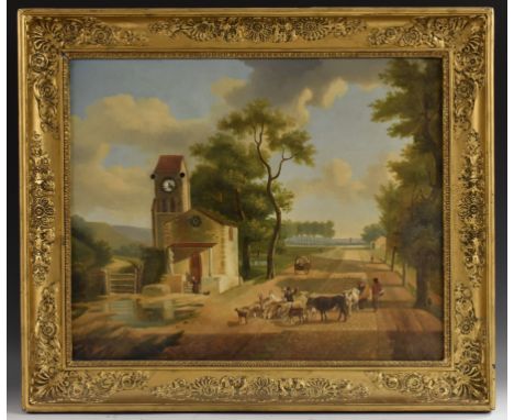 A 19th century Continental novelty landscape 'automaton' musical clock, the picture painted with a North European townscape, 