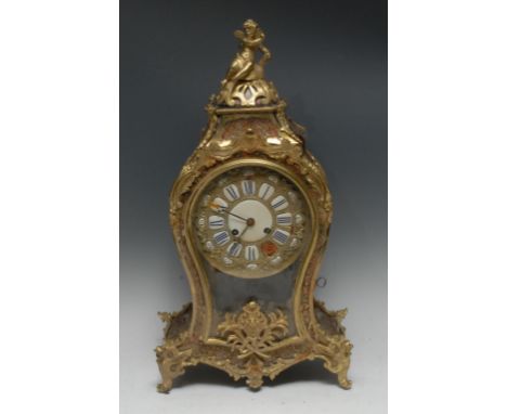 A 19th century French Boulle cartouche shaped mantel clock, 8cm convex enamel dial inscribed with Roman and subsidiary numera