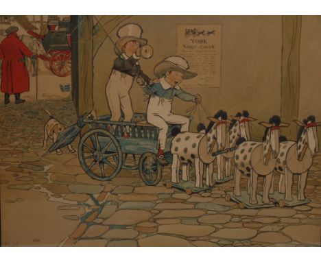 Cecil Aldin, after, The Arrival of Father Christmas, coloured print, oak frame; another,.The York Stage Coach, 39cm x 52cm