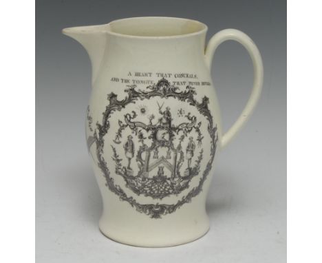 Freemasonry - a rare Liverpool creamware baluster ale jug, transfer-printed in black with vignettes of Masons and Masonic dev