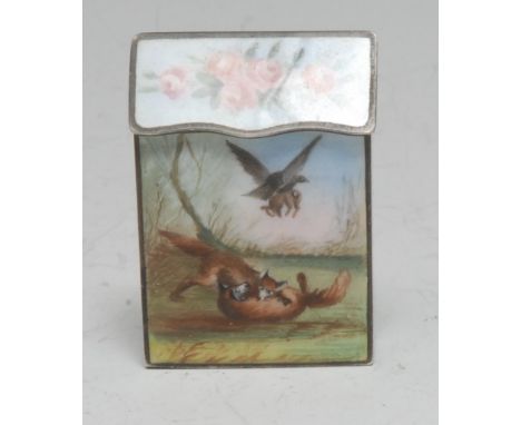 A 19th century silver coloured metal and enamel vesta case, decorated in polychrome with squabbling foxes, ton verso with a l