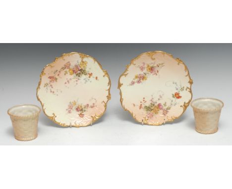 A pair of Royal Worcester rococo style dessert plates, printed and painted with summer flowers, on a blush ivory ground, 21cm