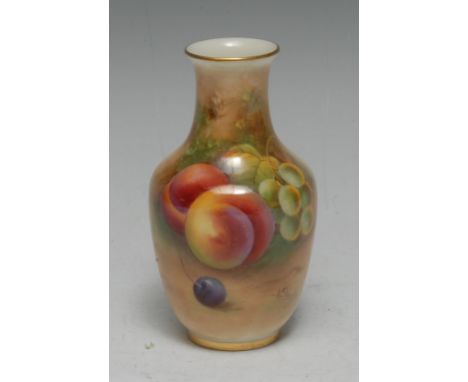 A Royal Worcester ovoid vase, painted by Albert Shuck, signed, with peaches and grapes on a mossy ground, 12cm high, printed 