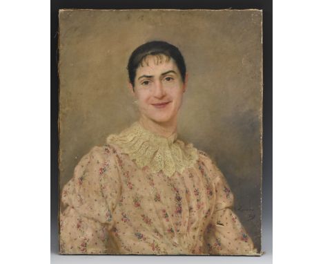 A Larroux (French 19th century)A Knowing Smile, Portrait of a Ladysigned, dated 1889, oil on canvas, 65cm x 54cm