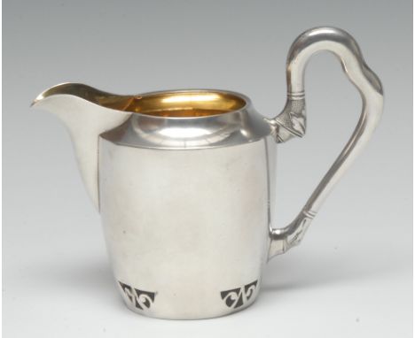 A Russian silver cream jug, shaped scroll handle terminating in acanthus, pierced foot, gilt interior, 11.5cm high, kokoshnik