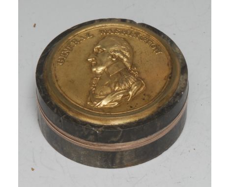 A 19th century specimen hardstone circular snuff box, the push-cover applied with a medallic portrait of General George Washi