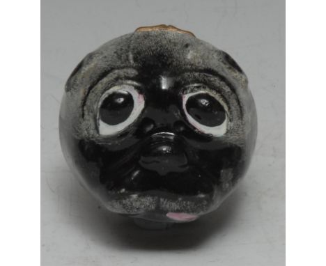 An 18th century Continental enamel novelty snuff box, boldly modelled as a pug's head, the hinged cover painted with a huntsm