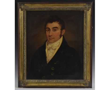 English School (second-quarter, 19th century)Portrait of a Gentleman, bust-length, his brown hair à la mode, a ribbon-tied wh