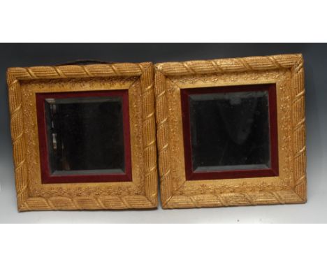 A pair of 19th century giltwood and gesso square looking glasses, wrapped-cord borders, bevelled mirror plates within bands o
