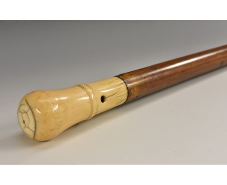 An early 18th century gentleman's ivory and malacca walking stick, turned bulbous handle, later 19th century silvered walking