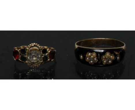 Rings - a 19th century diamond and seed pearl mourning ring, black crest inset with floral clusters, each with an old rough c