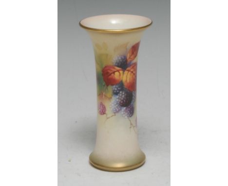 A Royal Worcester waisted cylindrical vase, of waisted cylindrical form, painted by Kitty Blake with roses, 11.5cm high, prin