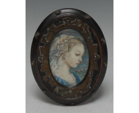 Continental School, late 19th century, a  portrait miniature, of a young beauty, ebonised oval frame, c.1870