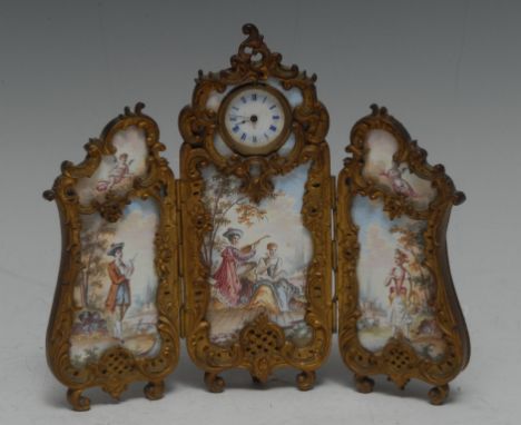 A 19th century Continental Rococo Revival gilt-metal and enamel novelty boudoir timepiece, as a three-section screen, 2cm whi