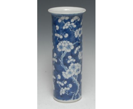 A Chinese porcelain cylinder sleeve vase, painted in underglaze blue with cherry blossom, 25.5cm high, four-character mark, l