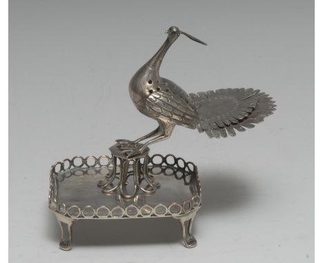 A 19th century Continental silver toothpick holder, probably Portuguese, as a peacock, canted rectangular base with wirework 