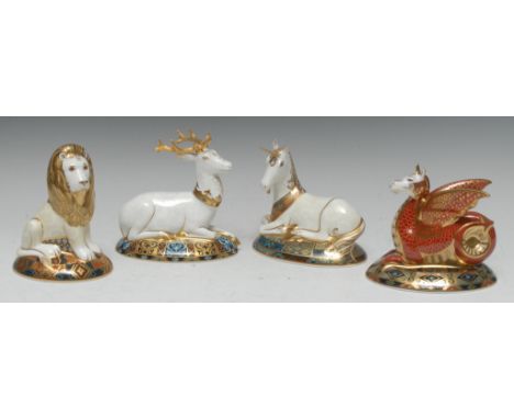 A set of four Royal Crown Derby paperweights, Heraldic Beasts, specially commissioned for Govier's of Sidmouth,  designed by 