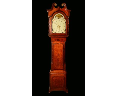 A William IV oak and mahogany long case clock, the arched painted 12in (30.5cm) dial with moon phase, painted roses in spandr