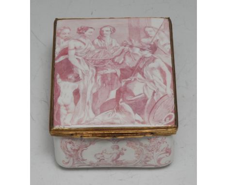 An important and rare George II York House Factory enamel table snuff box, transfer-printed in puce after Simon François Rave