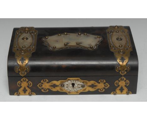 A 19th century gilt brass and mother of pearl mounted rosewood rectangular playing card box, hinged cover applied with faux c