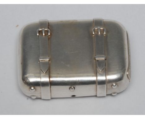 A Victorian novelty vesta case, as a travelling trunk, faux leather straps, spring loaded mechanism, striker to verso, gilt i