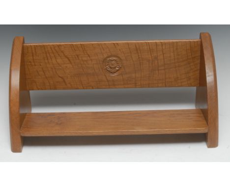 Mouseman and the Yorkshire Critters - an oak book stand, probably by Thomas Barnes, arched end supports, carved Yorkshire ros