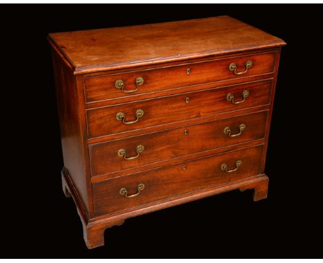 A small George III mahogany chest, rectangular moulded top above four long graduated cockbeaded drawers, brass swan neck hand